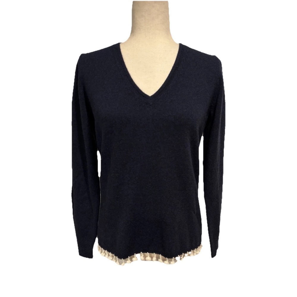 Alpine Cashmere‎ Pom Pom Trim V-neck Sweater Blue Cream Women's Size Small
